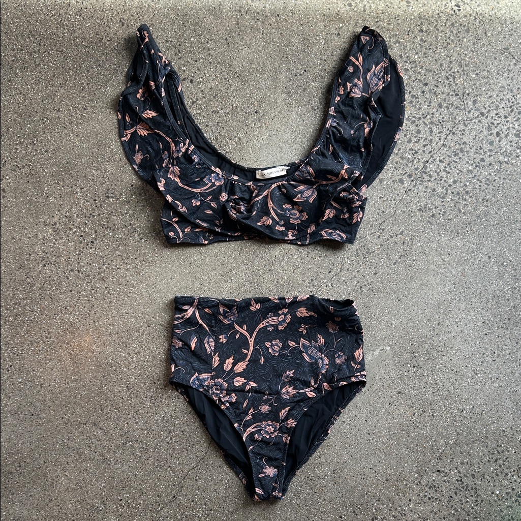 Ulla Johnson Two Piece Bikini Blue Floral Ruffle Top
